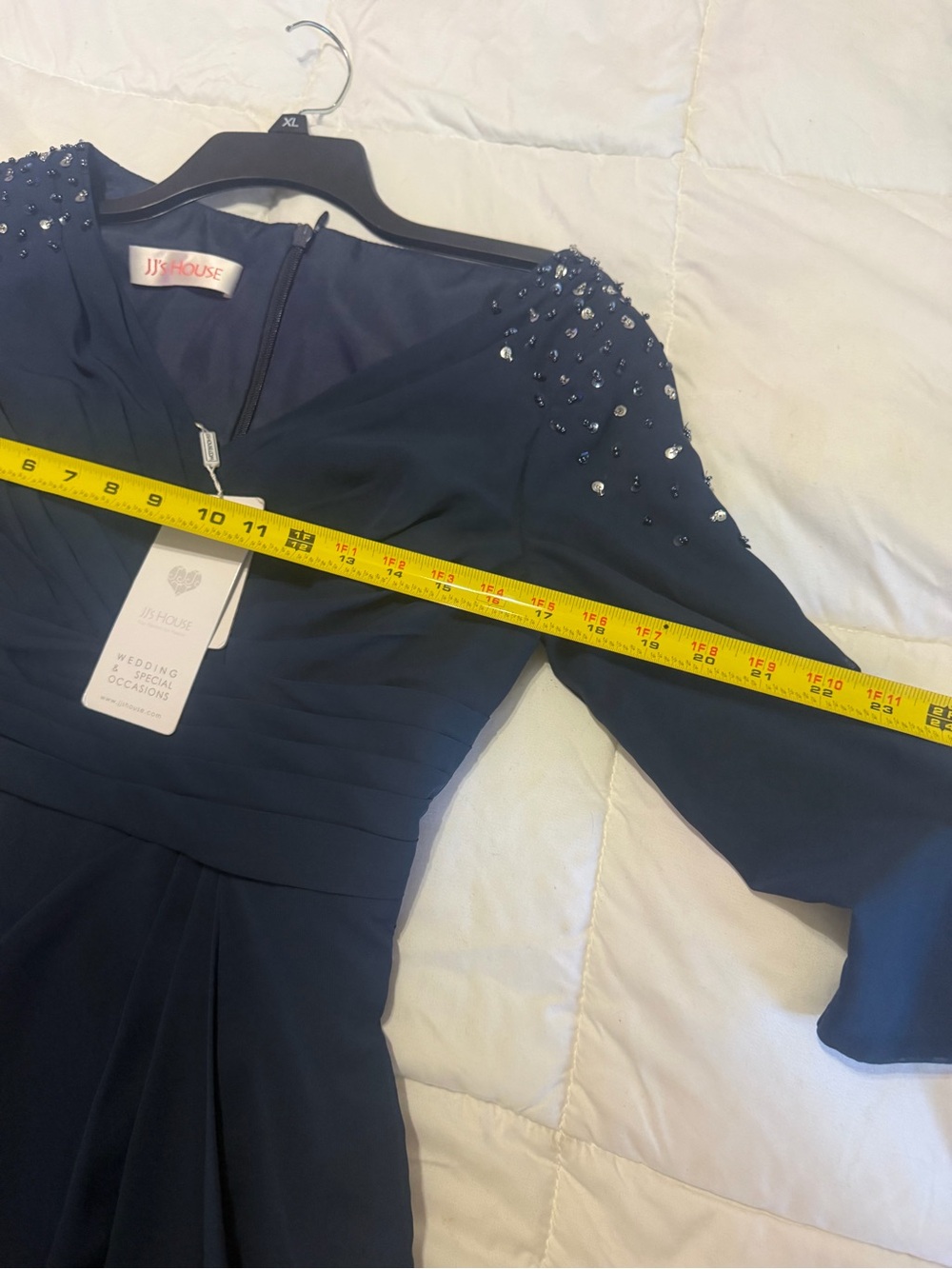 JJs House Navy Long Sleeve Evening Gown with Beaded Shoulders - Picture 4 of 8